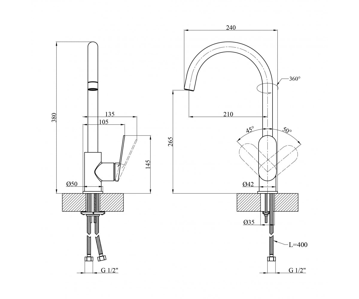 Змішувач для кухні Kroner Element 211512B-3801  ELEMENT 211512B-3801:Чертеж 
