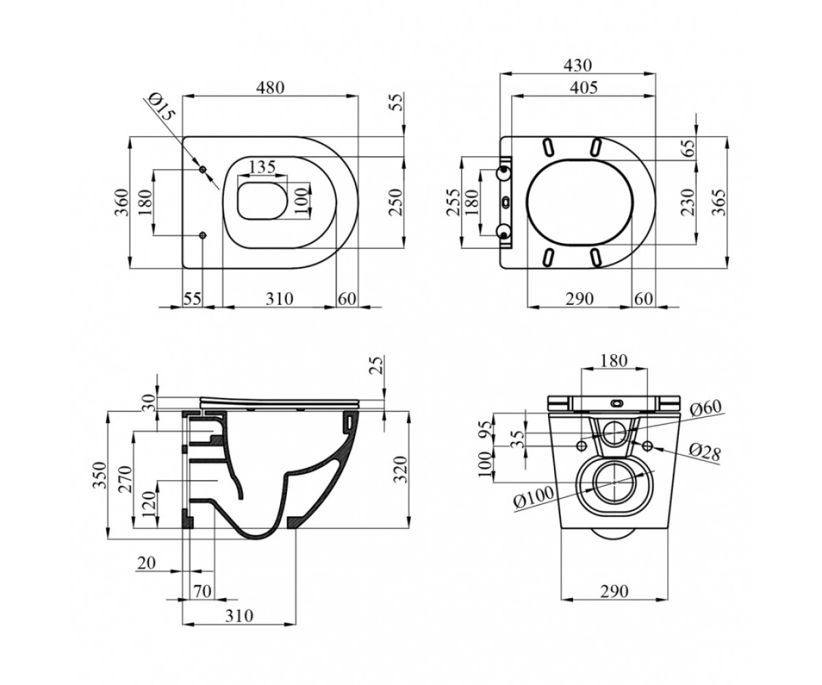 Подвесной унитаз с сиденьем  TORNADO KH483632WHIT:Чертеж 