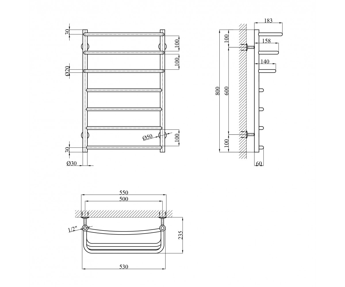 Сушарка для рушників водяна Kroner KRP Prima WT800x500-7  PR-WT80X50-7:Чертеж 