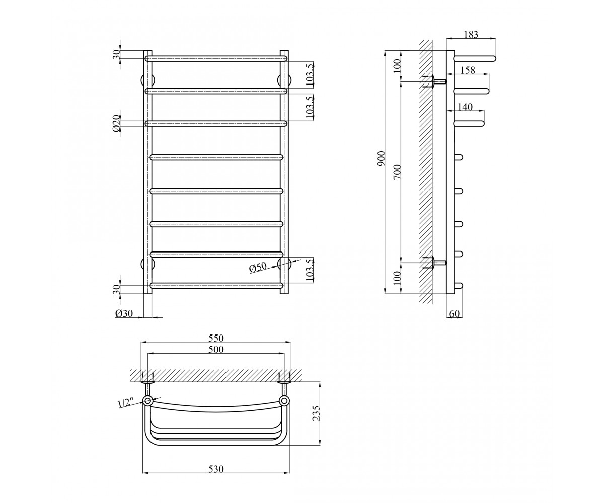 Сушарка для рушників водяна Kroner KRP Prima WT900x500-8  PR-WT90X50-8:Чертеж 
