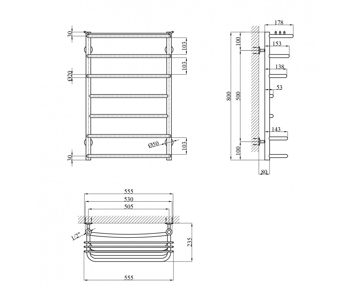 Сушарка для рушників водяна Kroner KRP Stern WT800x500-7  ST-WT80X50-7:Чертеж 