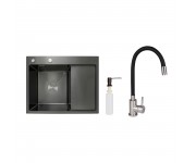 Акційний набір Lidz: мийка H6350BR інтегрована крило справа Brushed Black PVD 3,0/1,0 мм + Змішувач Aria для кухні з гнучким виливом (k35) Black LIDZ 