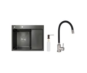 Акційний набір Lidz: мийка H6350BR інтегрована крило справа Brushed Black PVD 3,0/1,0 мм + Змішувач Aria для кухні з гнучким виливом (k35) Black LIDZ 