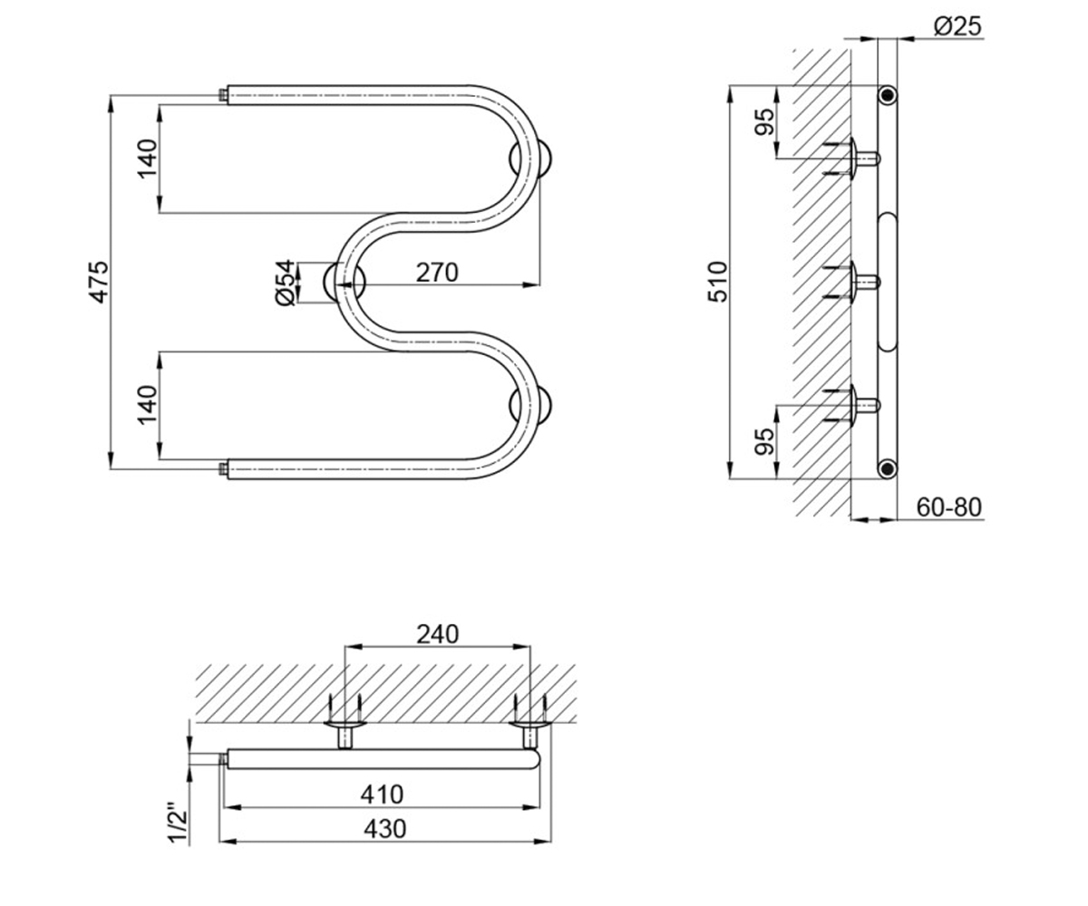 Водяной полотенцесушитель  SNAKE LSNAKED25125040WAT:Чертеж 