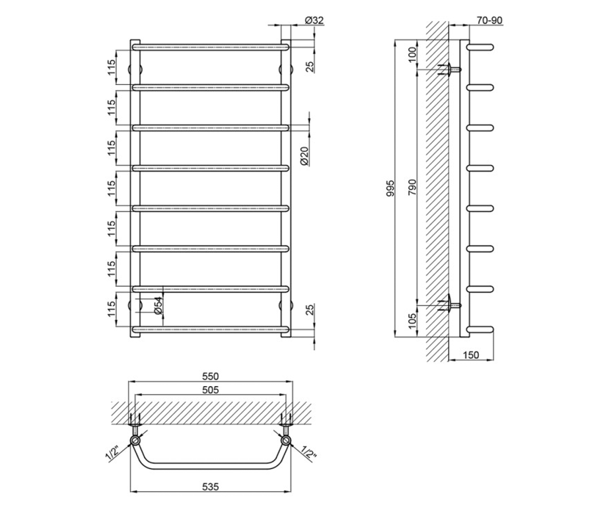 Водяной полотенцесушитель  STANDARD LSTNDD322012501008WAT:Чертеж 