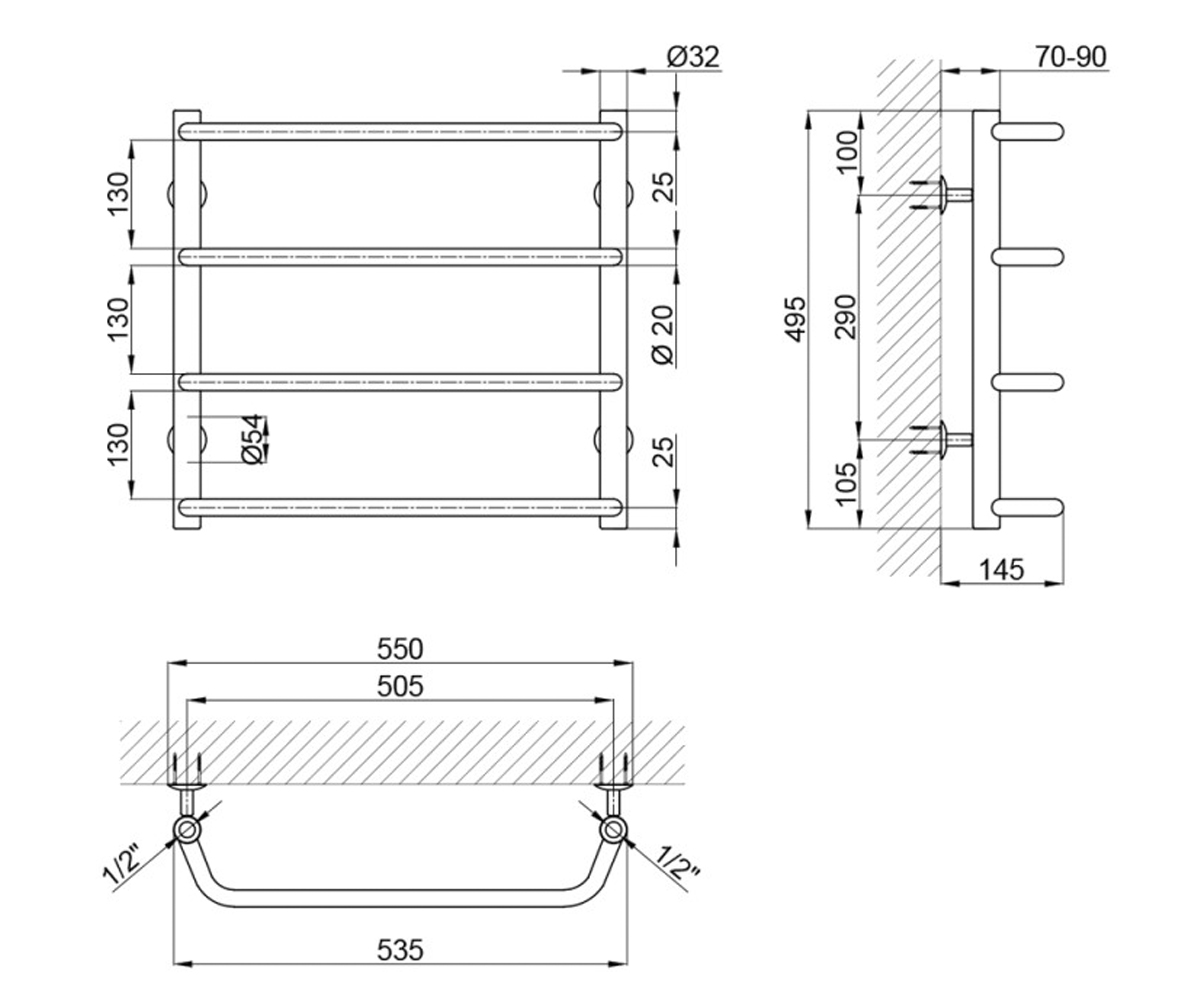Водяной полотенцесушитель  STANDARD LSTNDD32201250504WAT:Чертеж 