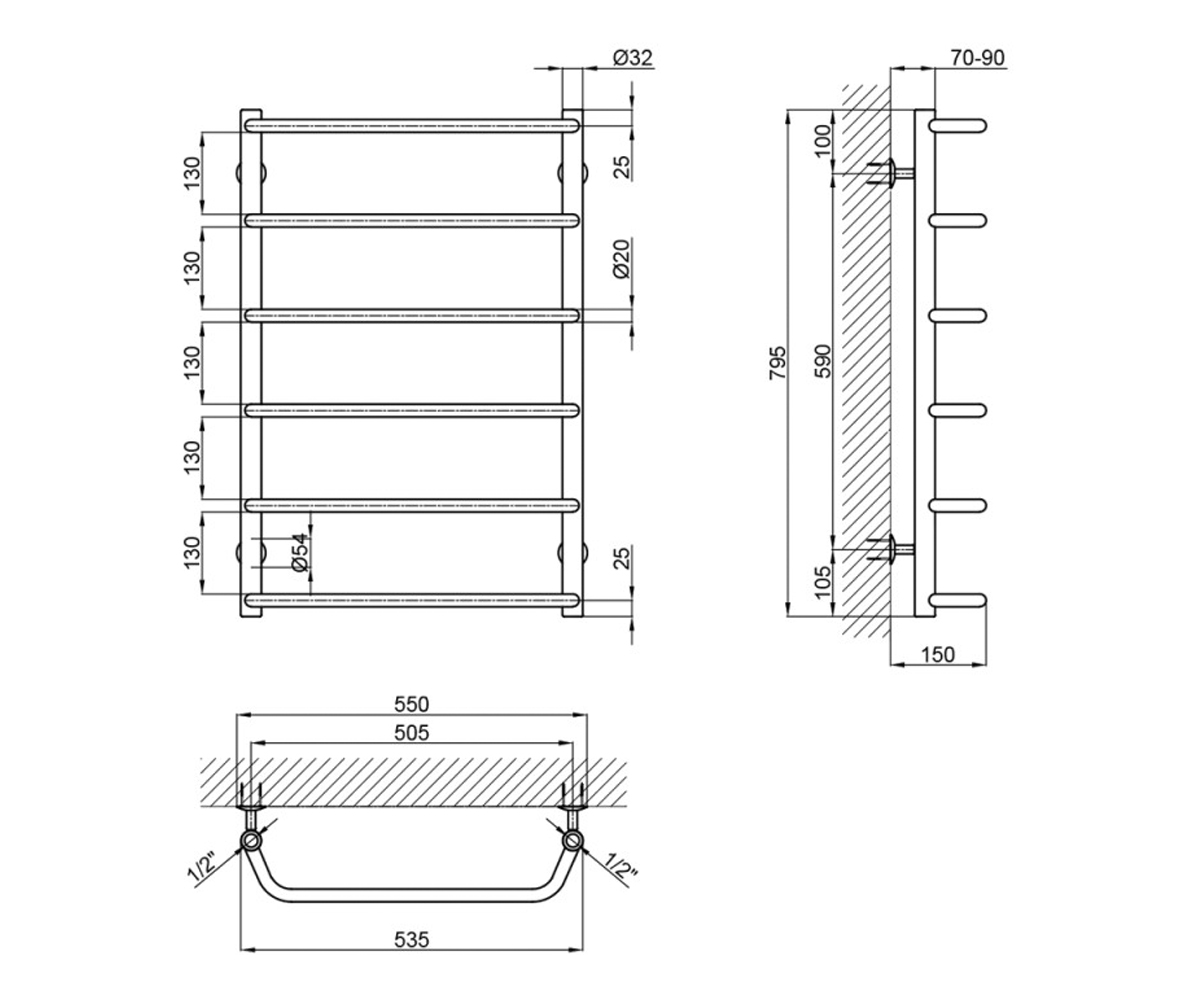 Водяной полотенцесушитель  STANDARD LSTNDD32201250806WAT:Чертеж 