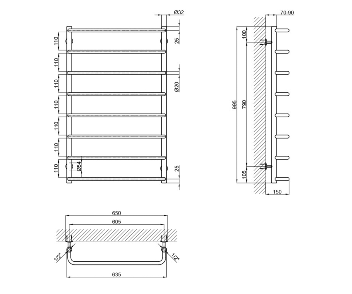 Полотенцесушитель водяной  STANDARD LSTNDD322012601008WAT:Чертеж 