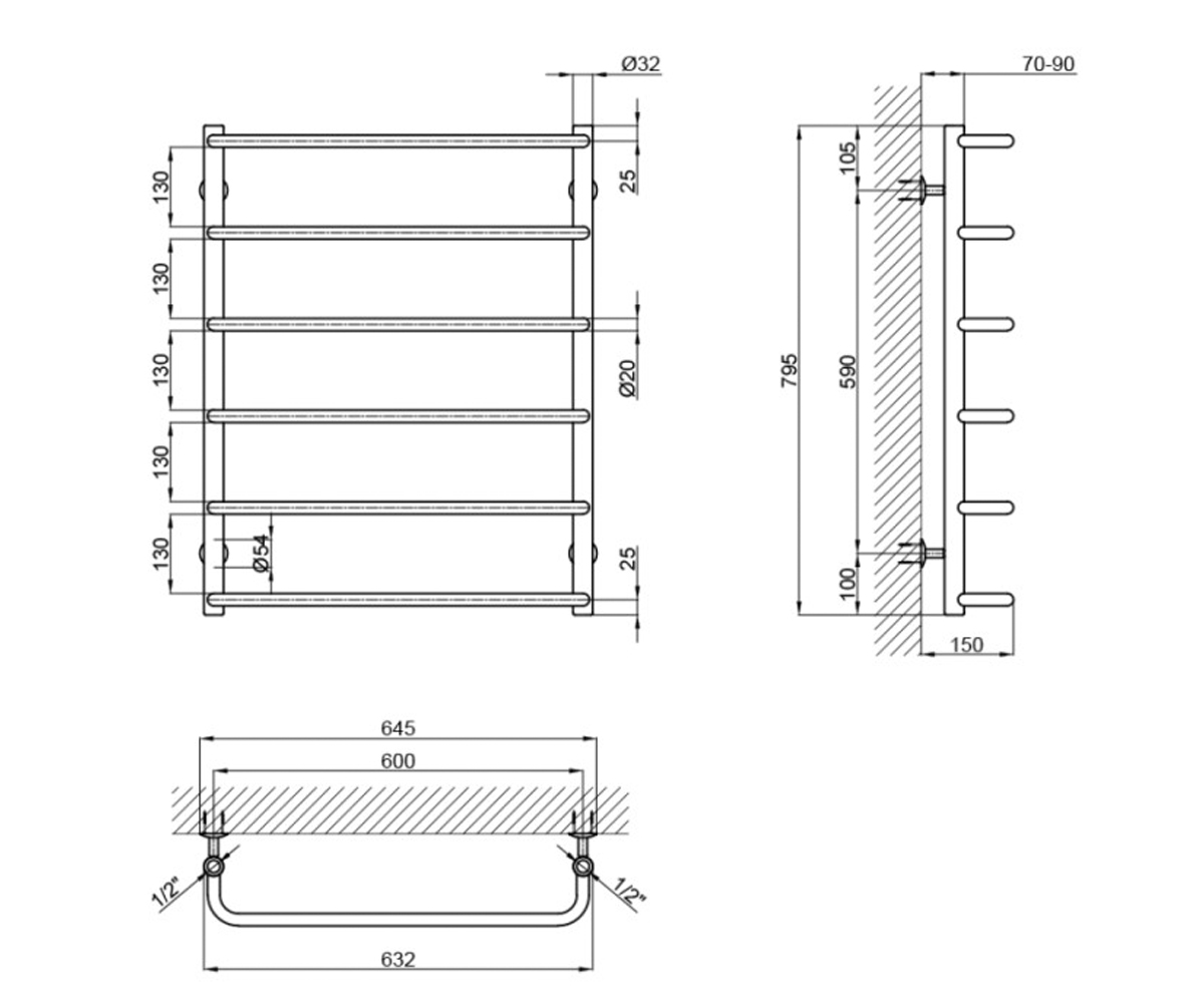 Полотенцесушитель водяной  STANDARD LSTNDD32201260806WAT:Чертеж 