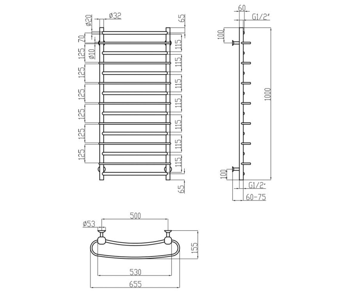 Полотенцесушитель водяной  STANDARD LSTNDRLSD322012501006WAT:Чертеж 