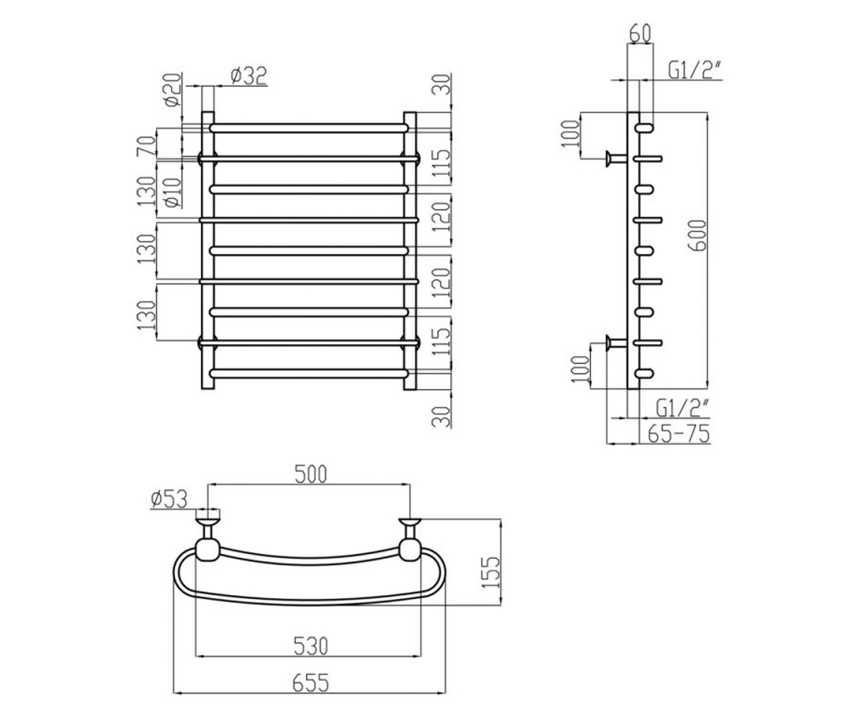 Полотенцесушитель водяной  STANDARD LSTNDRLSD32201250604WAT:Чертеж 