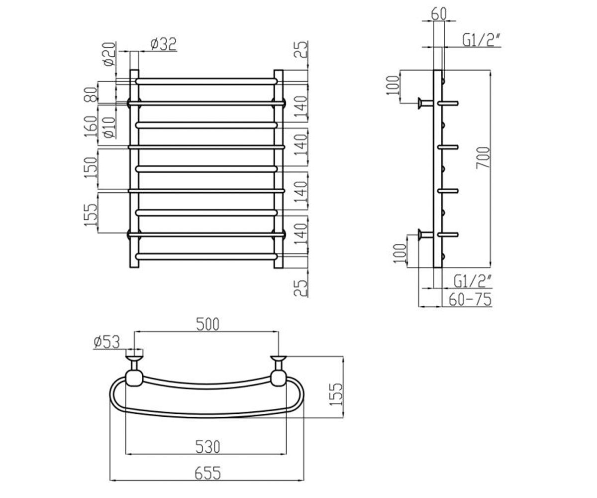 Полотенцесушитель водяной  STANDARD LSTNDRLSD32201250705WAT:Чертеж 