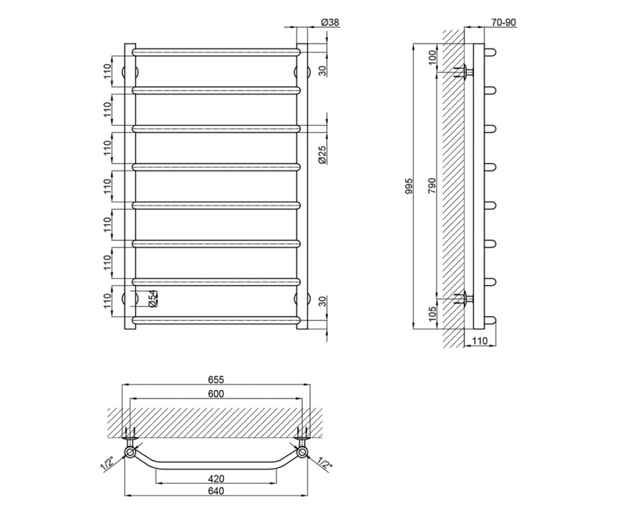Полотенцесушитель водяной  TRAPEZIUM LTRPZD3825601008WAT:Чертеж 