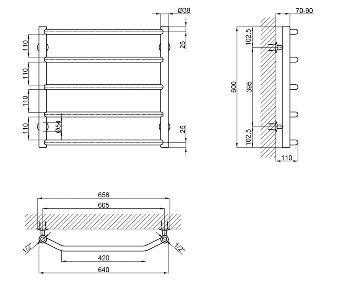 Полотенцесушитель водяной  TRAPEZIUM LTRPZD382560605WAT:Чертеж 