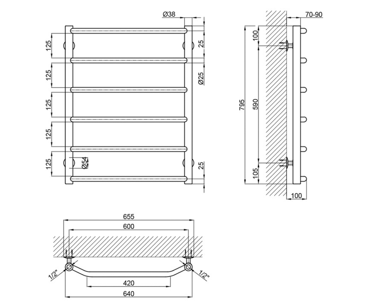 Полотенцесушитель водяной  TRAPEZIUM LTRPZD382560806WAT:Чертеж 