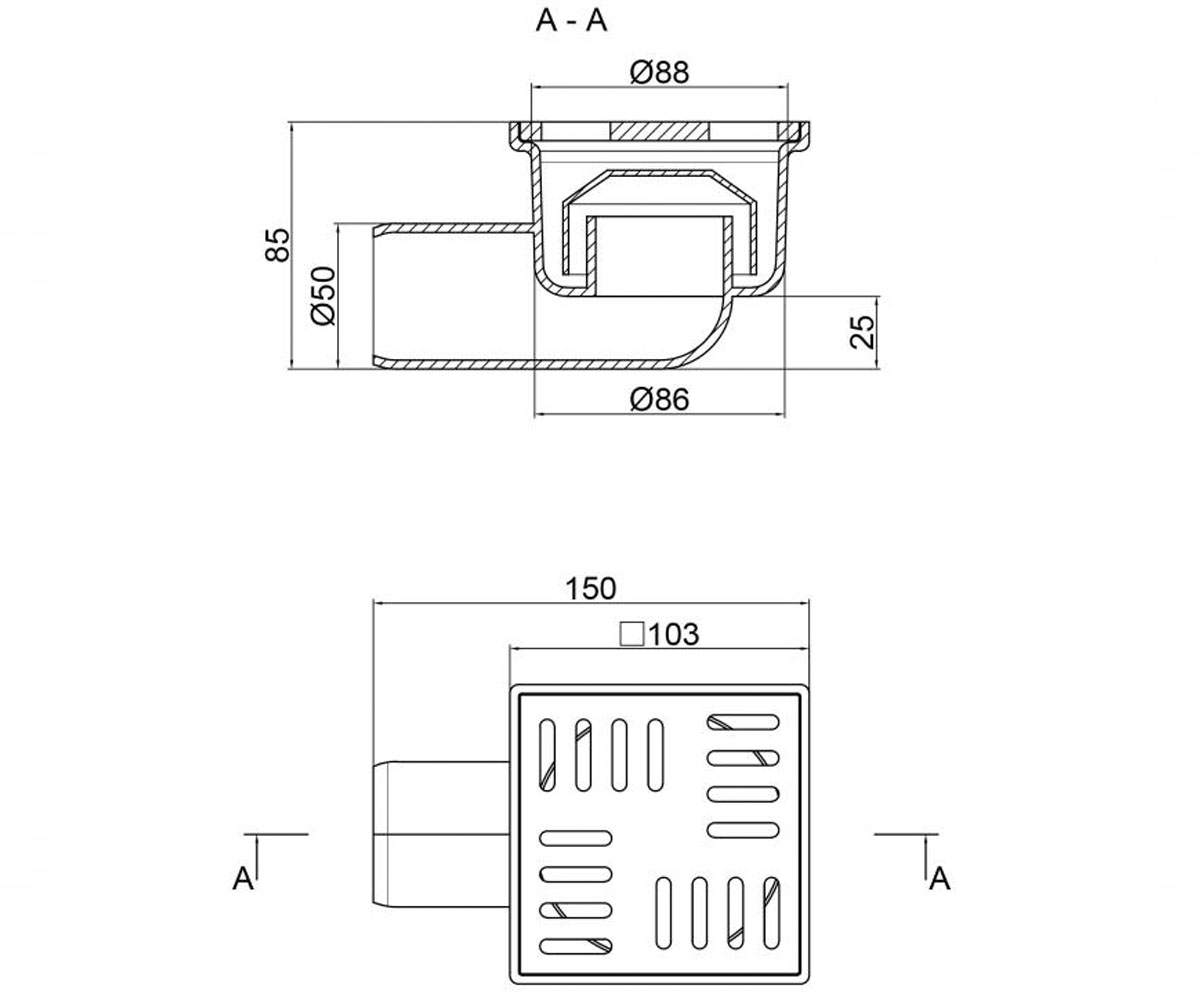 Трап горизонтальный 10х10 см  WHI6007T00300:Чертеж 