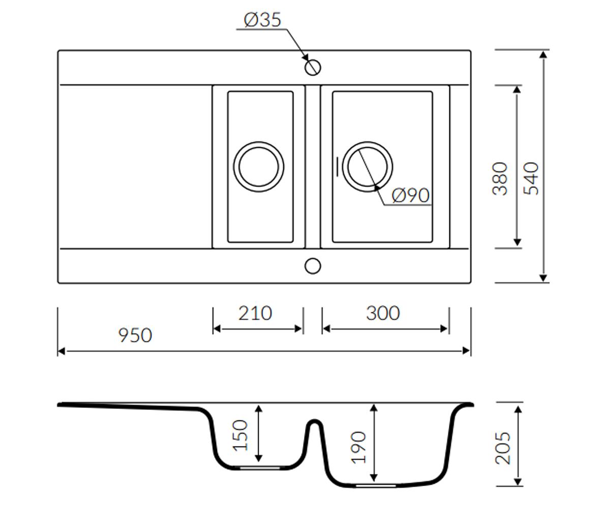 Кухонная мойка  VOGA 950 1,5KO 110513002:Чертеж 