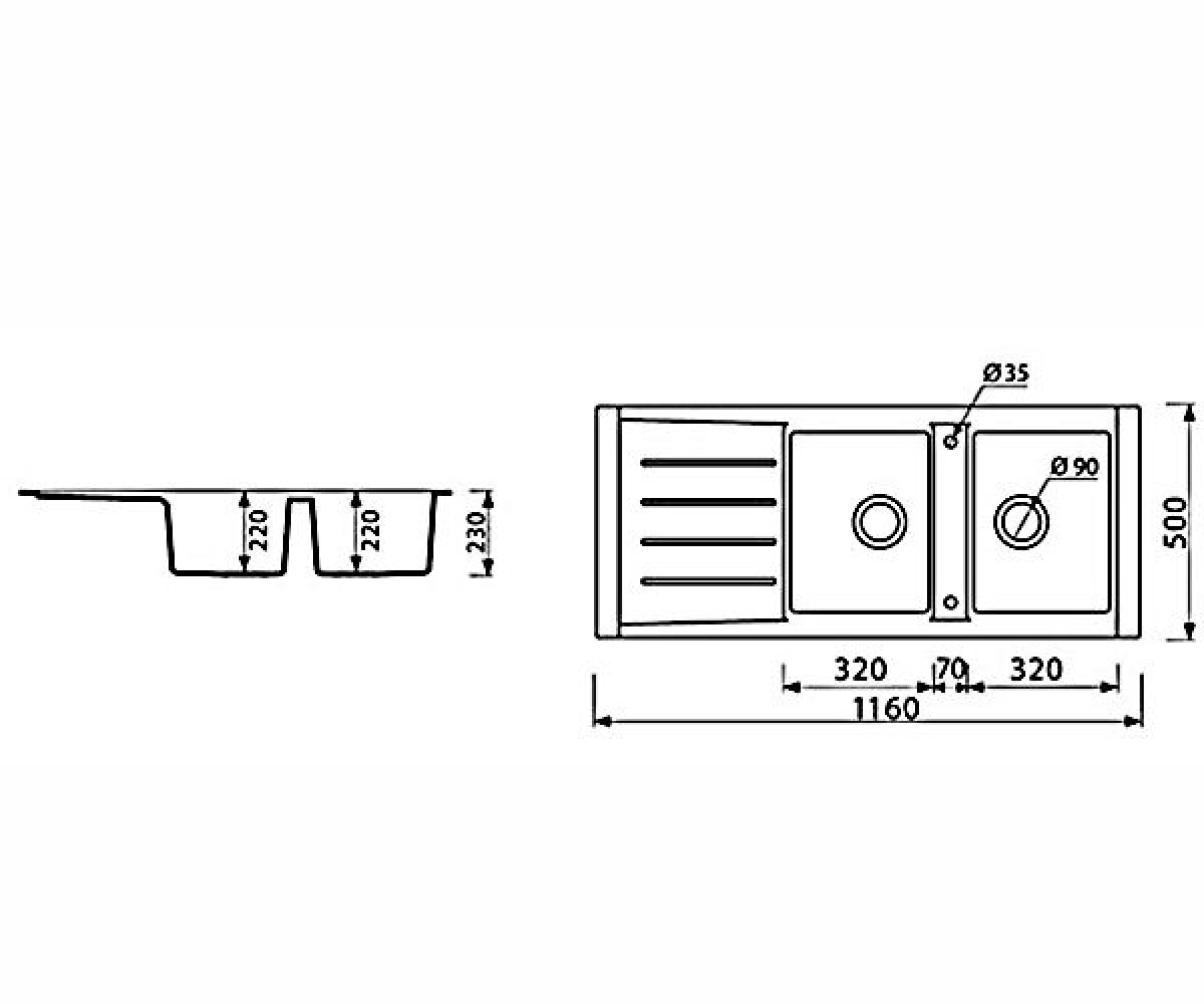 Кухонная мойка  PROFIR 1160 2KO 160213002:Чертеж 