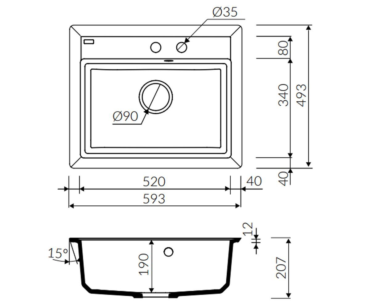 Гранитная мойка  IVO 600 1KO 718103006:Чертеж 