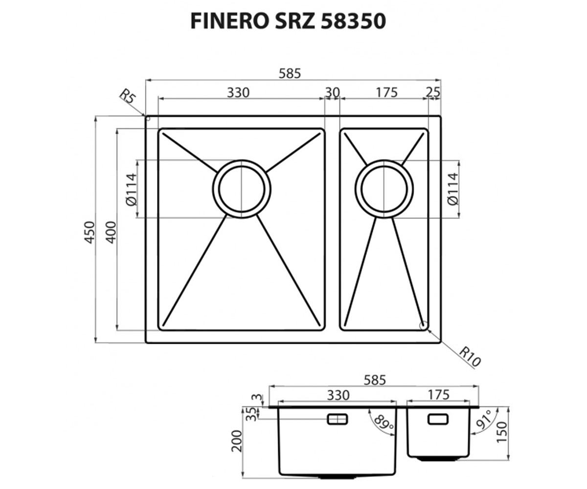 Мойка на полторы чаши  FINERO SRZ 58350:Чертеж 