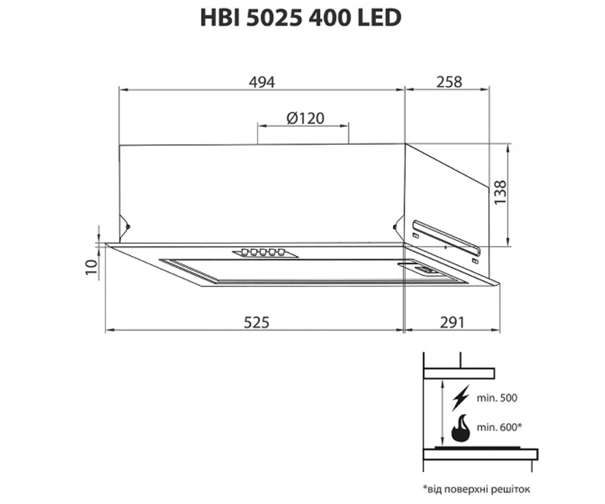 Вытяжка полновстраиваемая  HBI 5025 I/BL 400 LED:Чертеж 