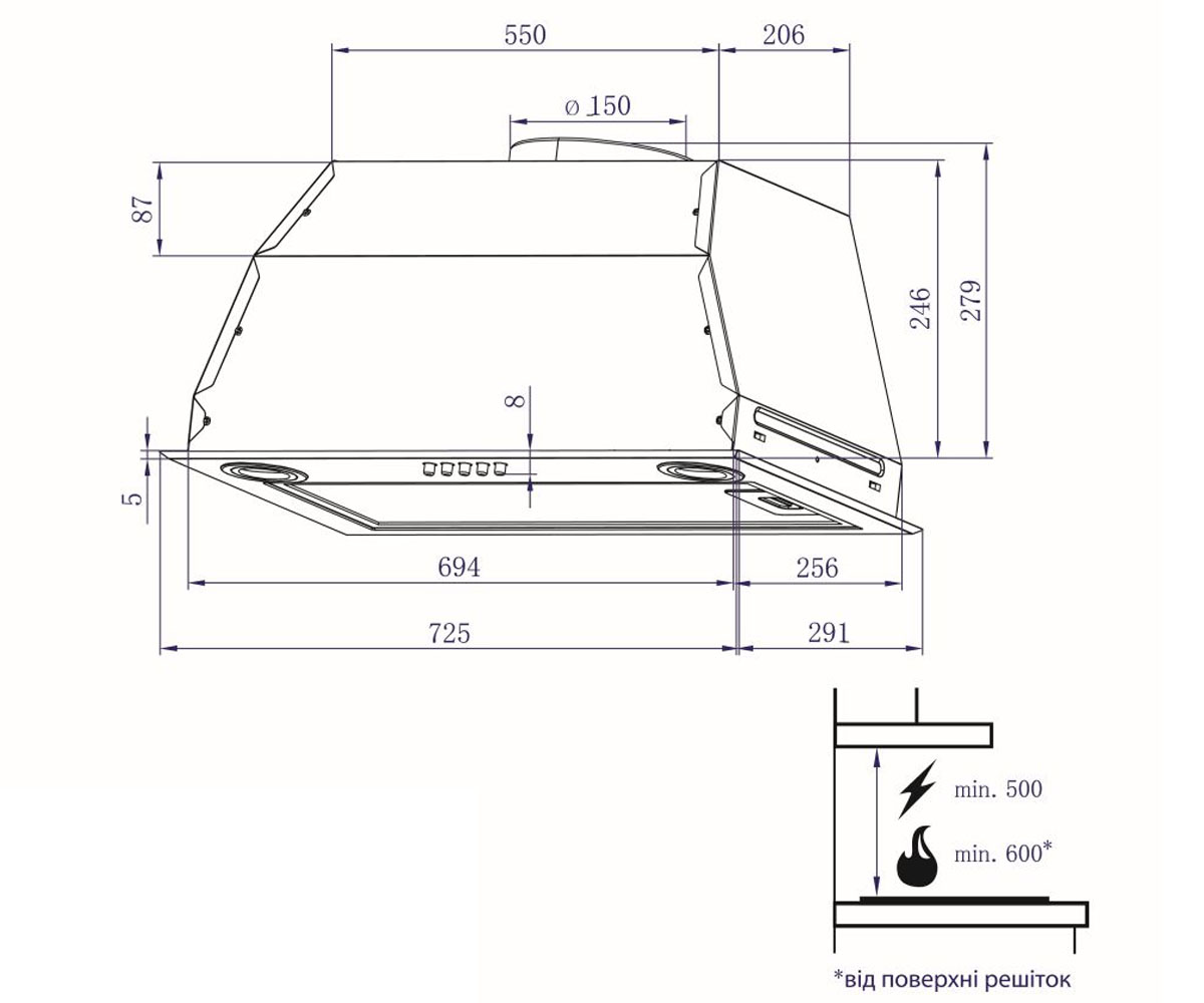 Полновстраиваемая вытяжка  HBI 7812 BL 1200 LED:Чертеж 