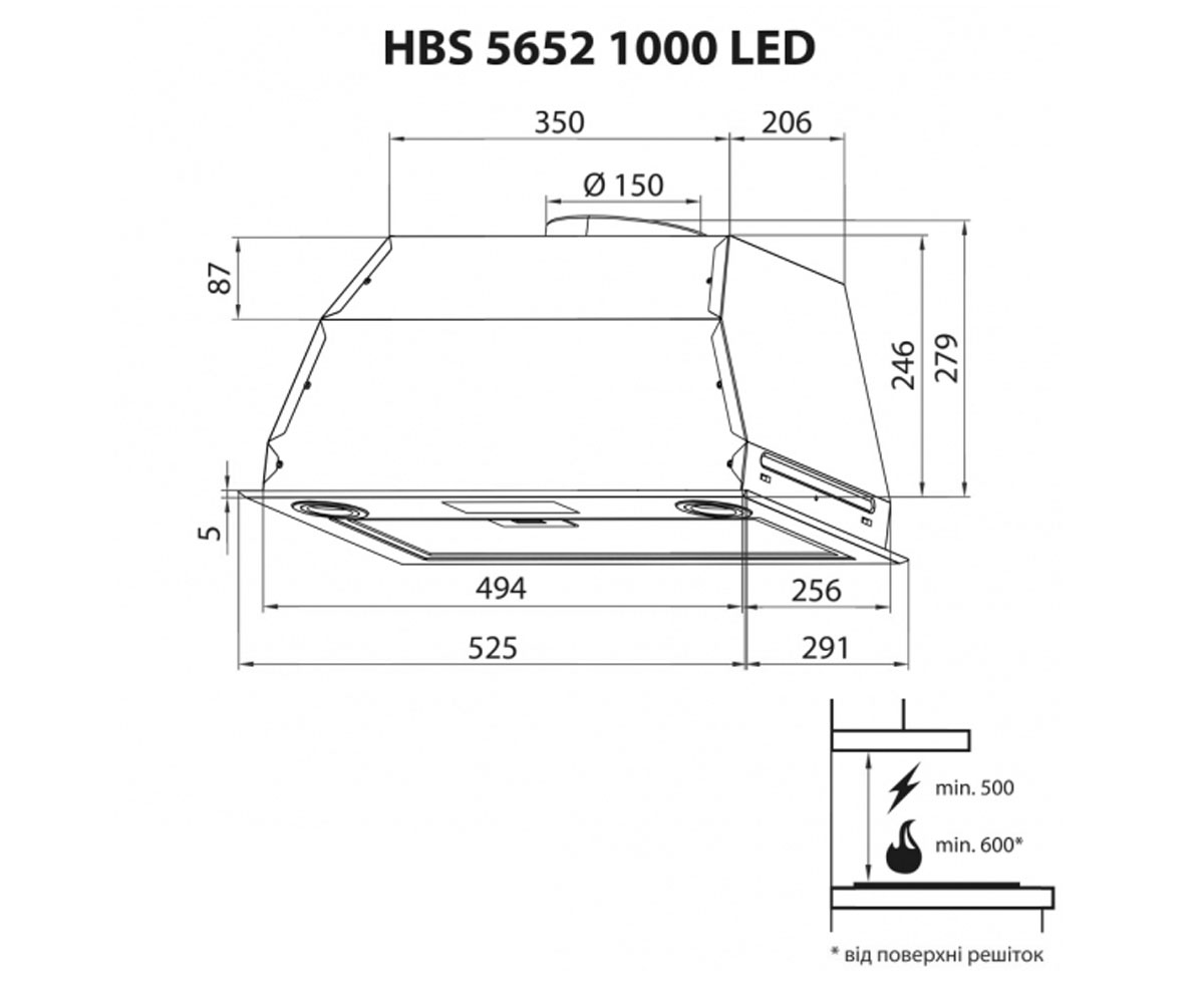 Вытяжка кухонная  HBS 5652 WH 1000 LED:Чертеж 