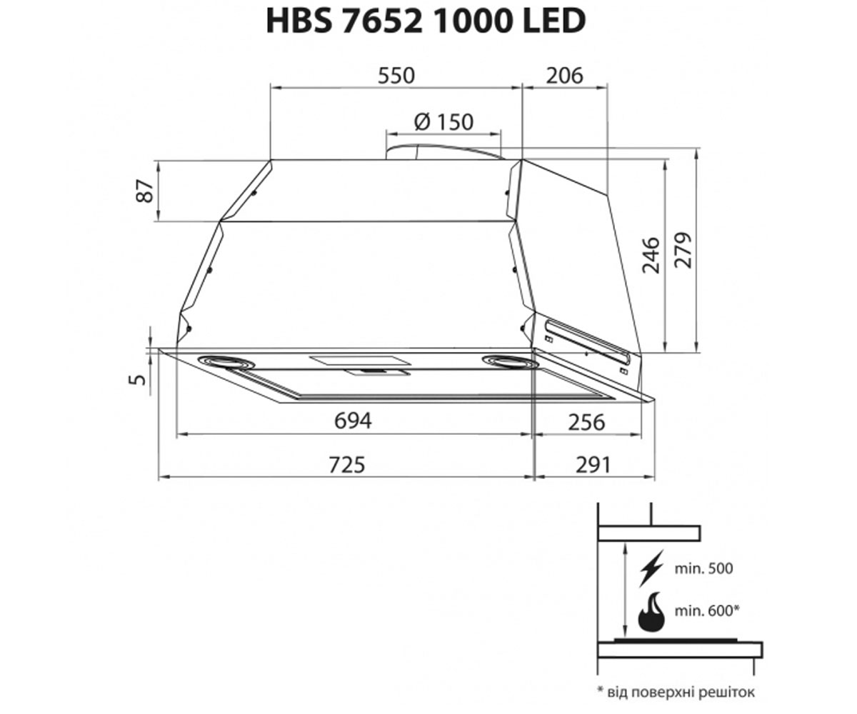 Вытяжка кухонная  HBS 7652 I 1000 LED:Чертеж 