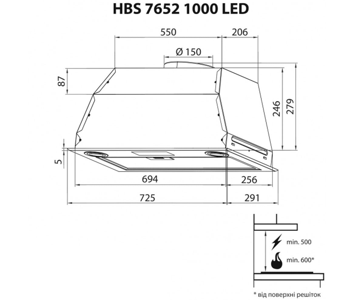 Вытяжка кухонная  HBS 7652 WH 1000 LED:Чертеж 