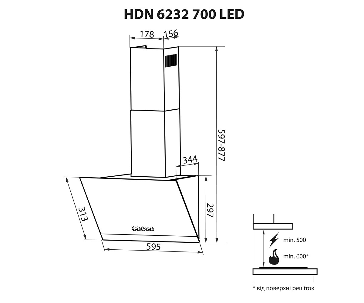 Вытяжка декоративная  HDN 6232 BL/INOX 700 LED:Чертеж 
