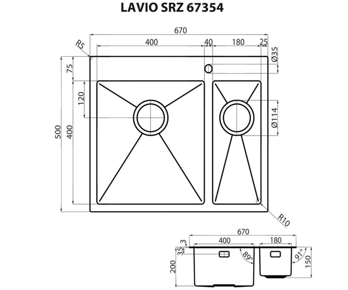 Полуторная мойка  LAVIO SRZ 67354:Чертеж 