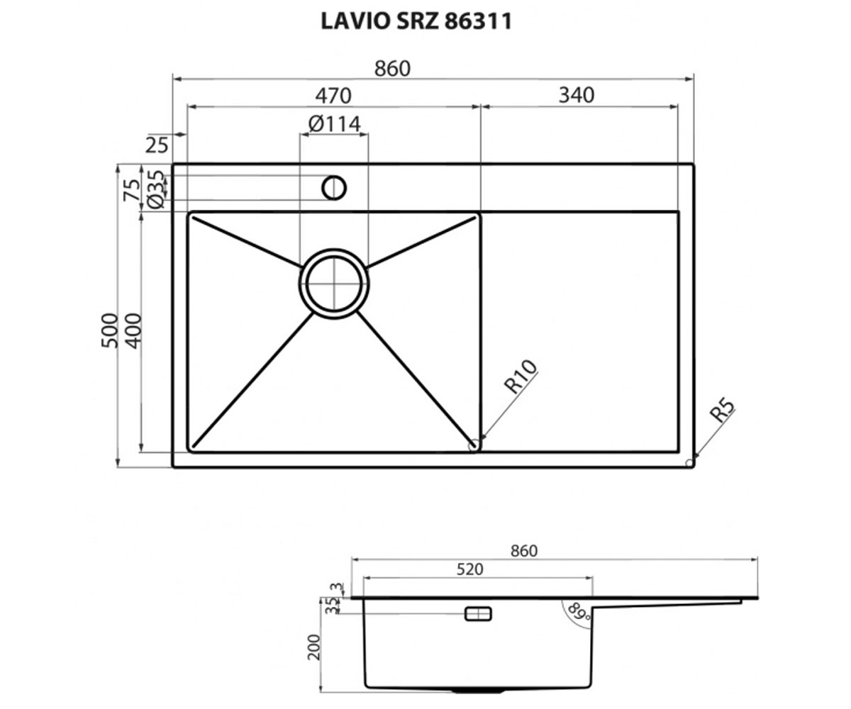 Мойка с крылом  LAVIO SRZ 86311:Чертеж 