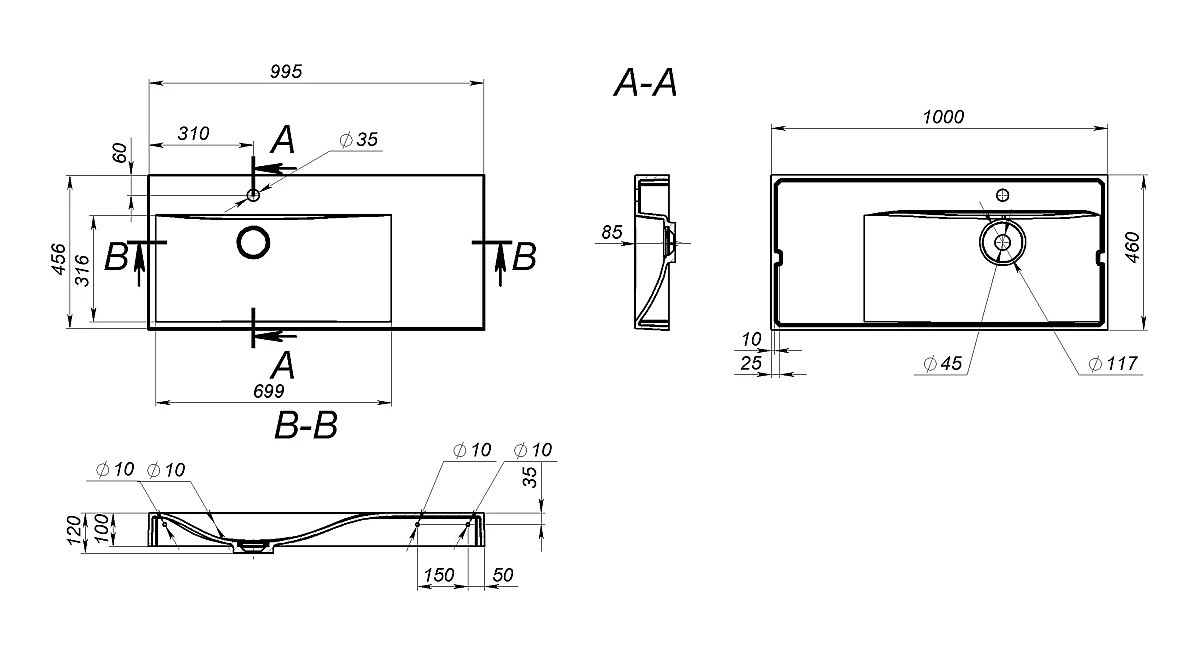 Накладная раковина с крылом  VIOLA 1000 L 0002658:Чертеж 