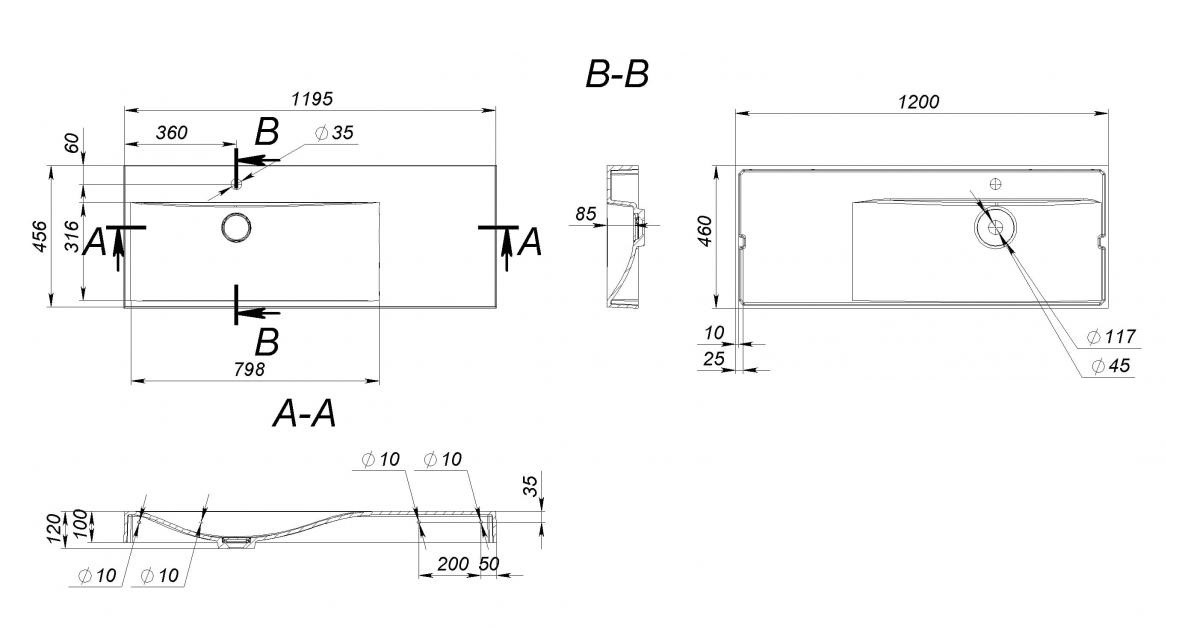 Раковина с правым крылом  VIOLA 1200 L 0002660:Чертеж 