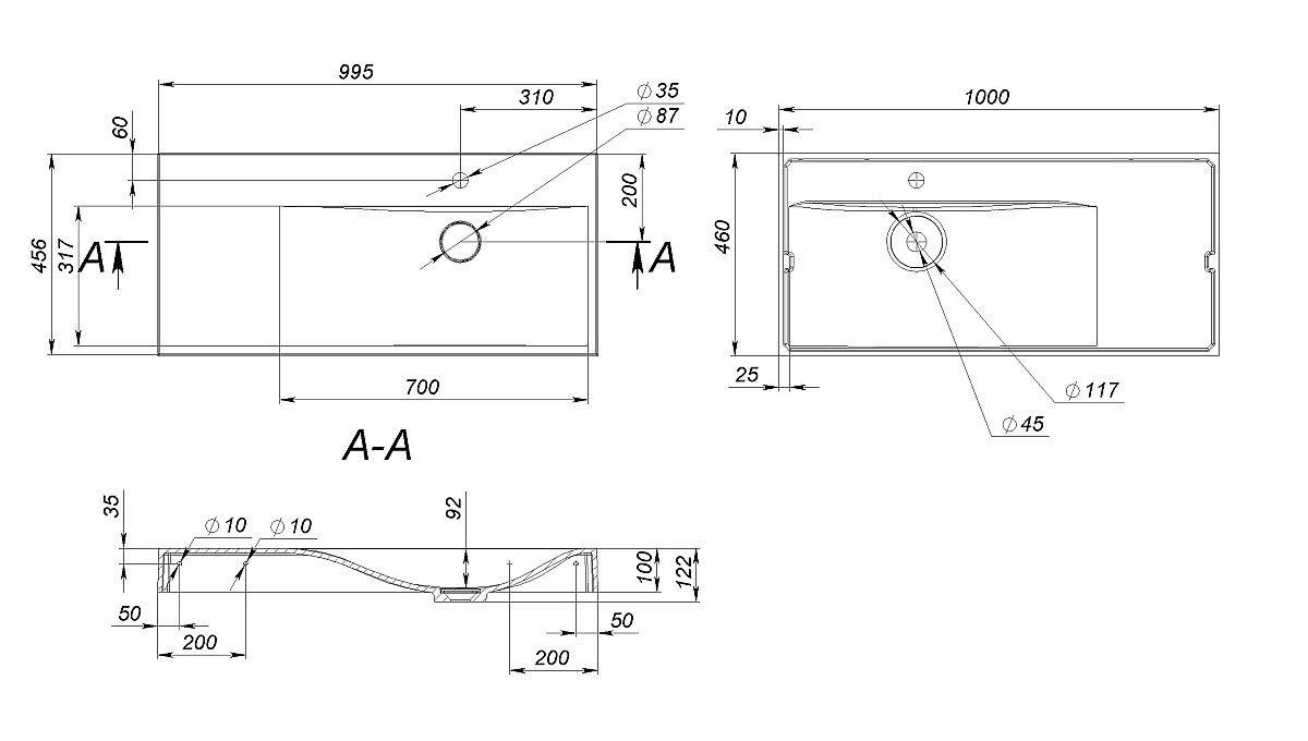 Накладная раковина с крылом  VIOLA 1000 R 8813427:Чертеж 