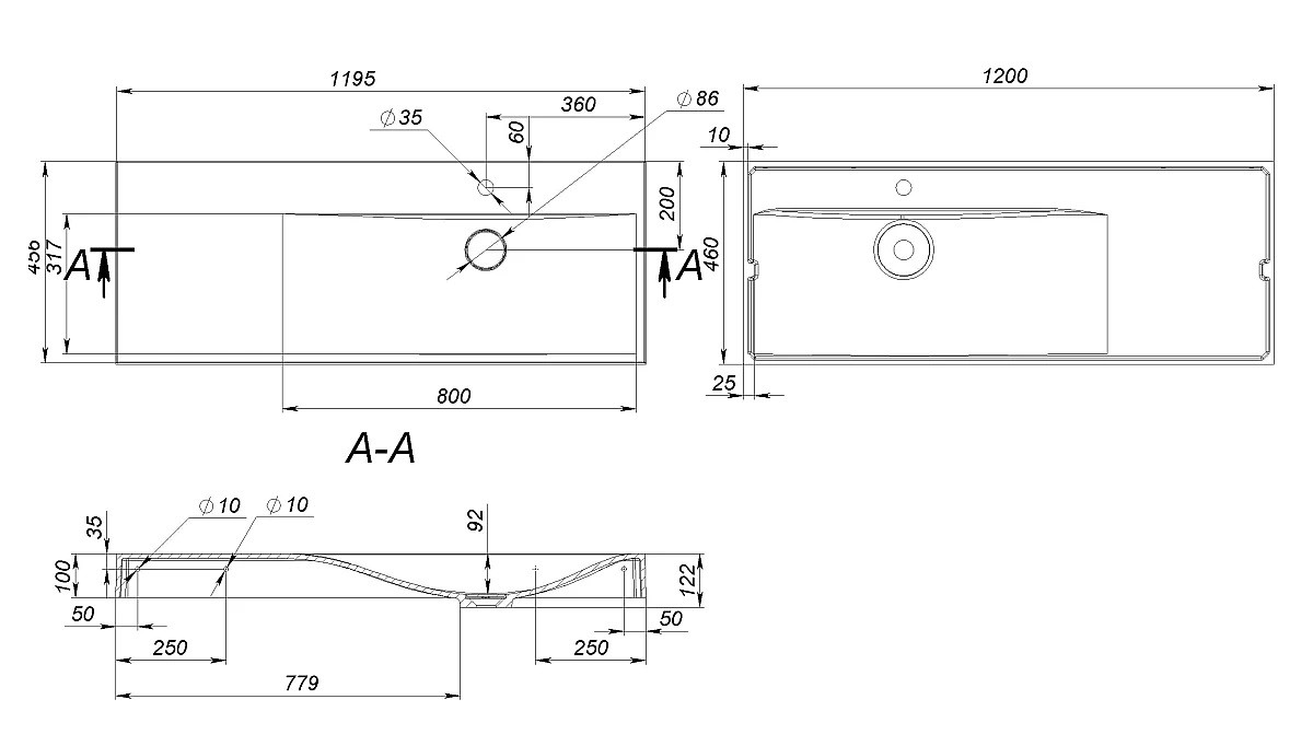 Накладная раковина с крылом  VIOLA 1200 R 8813432:Чертеж 