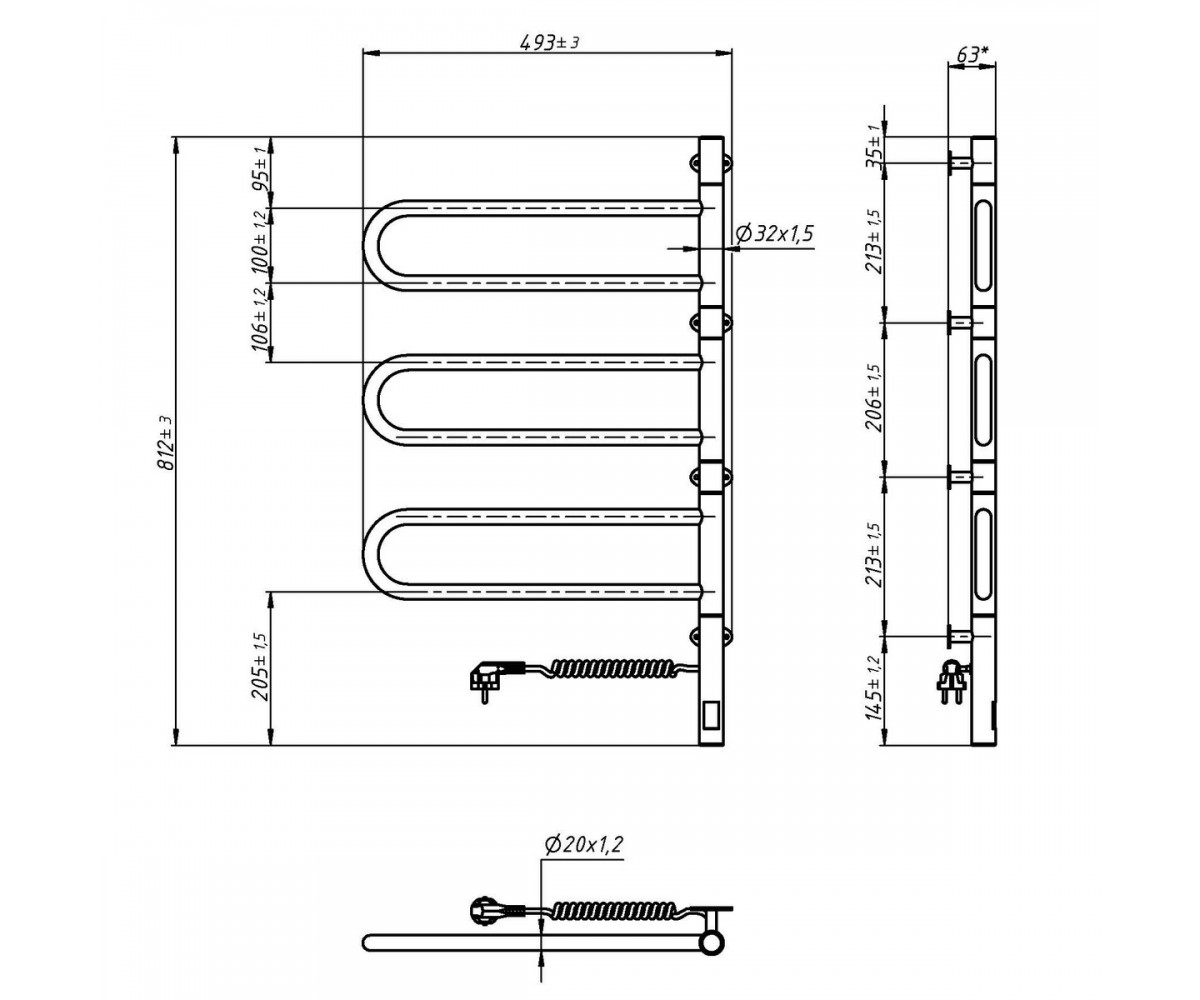 Полотенцесушитель электрический с таймером  FOUETTE SENSOR 10-012033-4880:Чертеж 