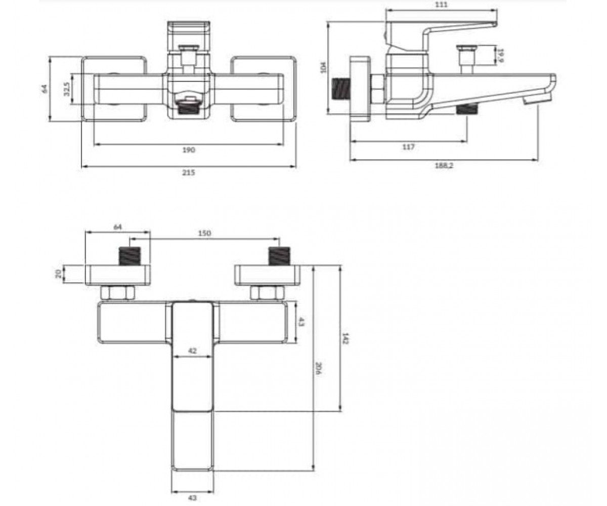 Смеситель для ванны OMNIRES PARMA PM7430CR:Чертеж 