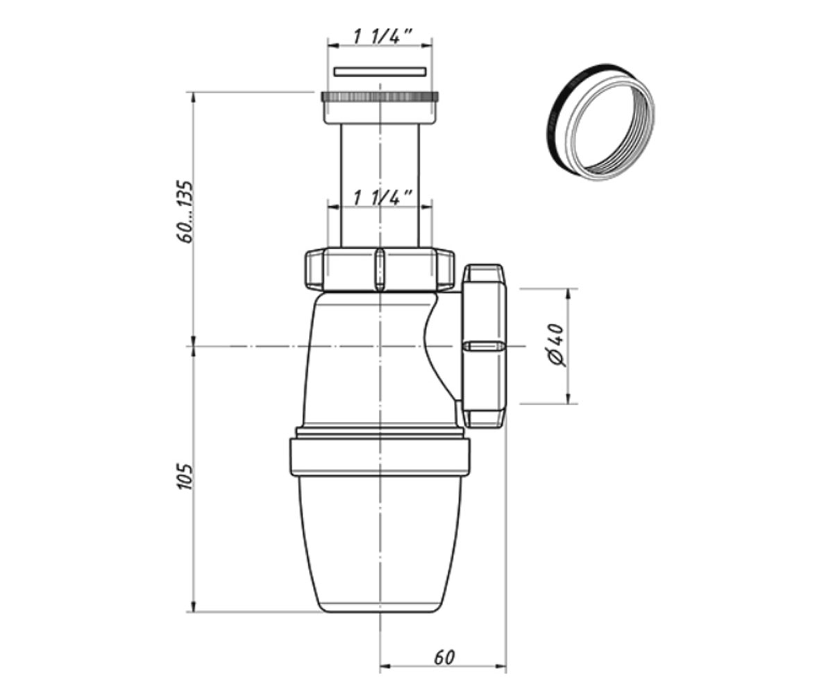 Сифон бутылочный 1 1/4  A-3200M:Чертеж 