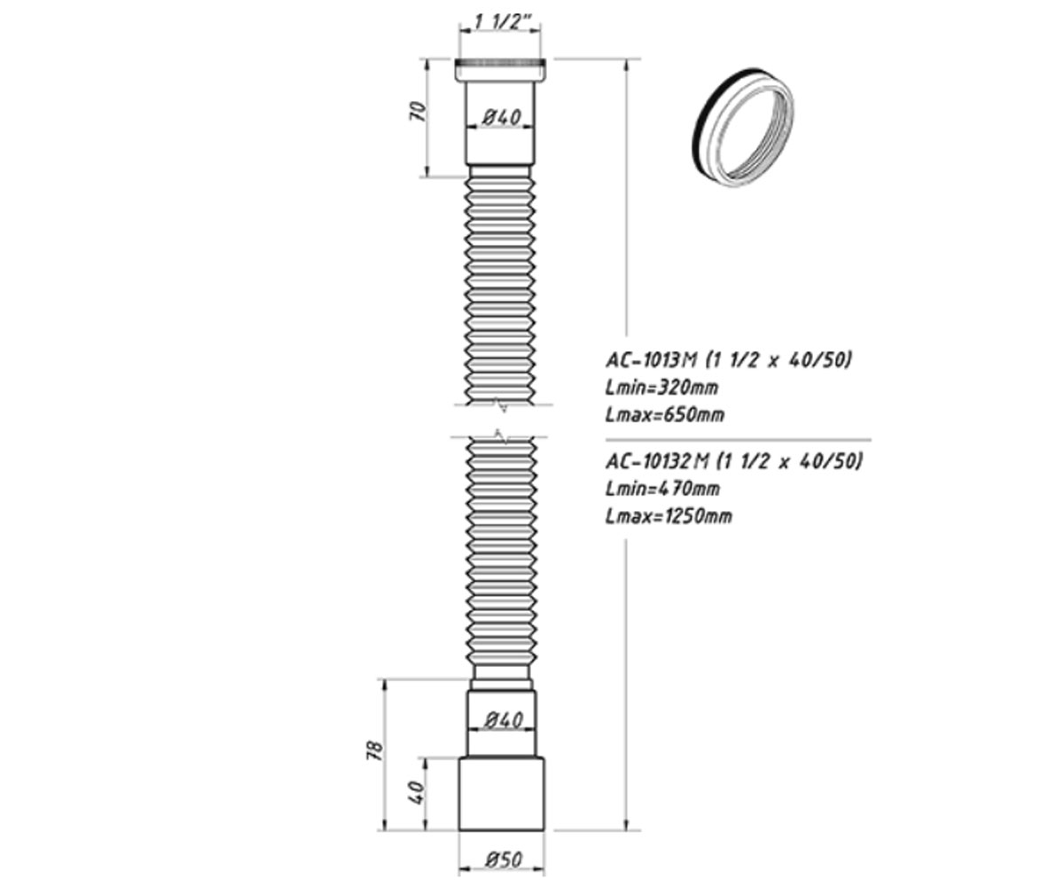 Гибкая труба 1 1/2х40/50 650 мм  AC-1013M:Чертеж 