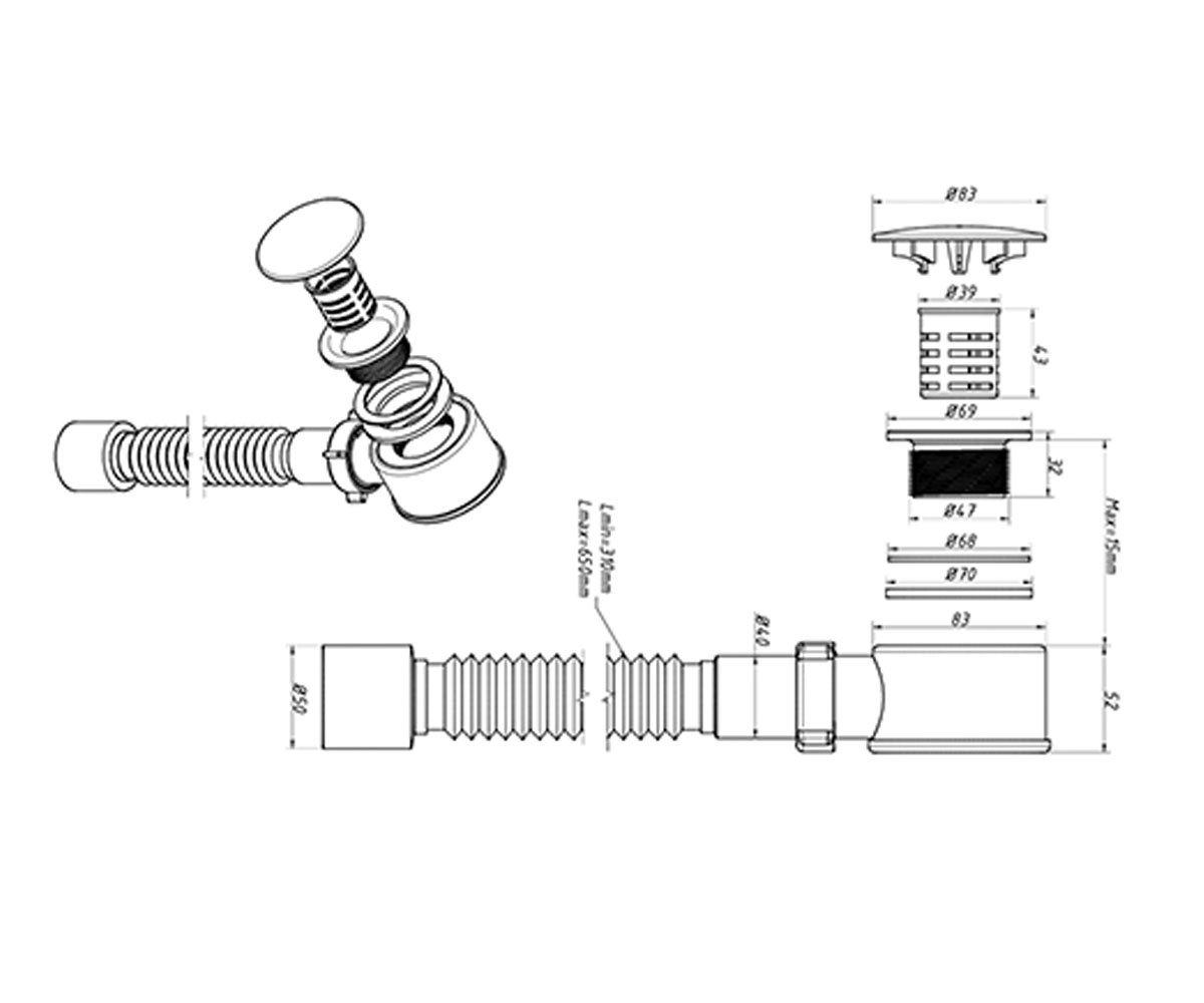 Сифон для душевого поддона 1 1/2  DX-502:Чертеж 