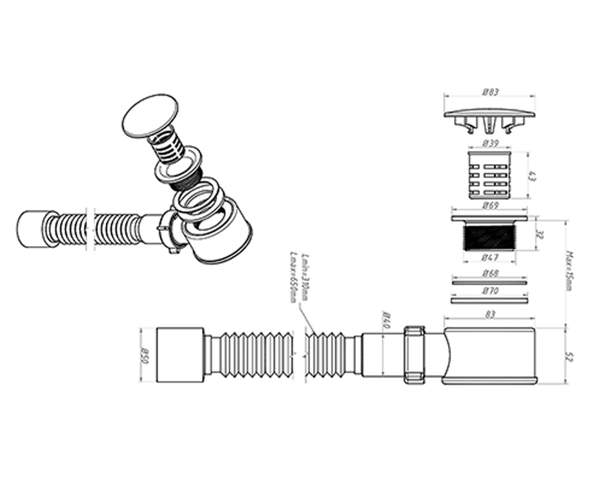 Нажимной сифон для поддона 1 1/2  DX-512:Чертеж 