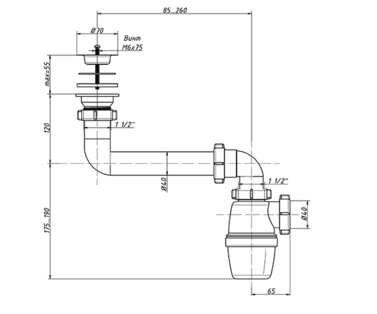 Сифон для раковины 1 1/2х40 мм  K-4003:Чертеж 