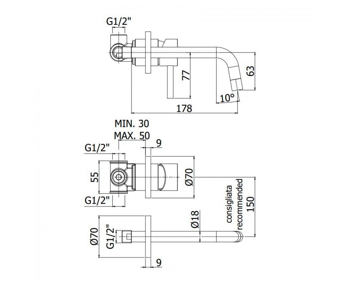 Настенный смеситель для раковины  LIGHT LIG006MG70:Чертеж 