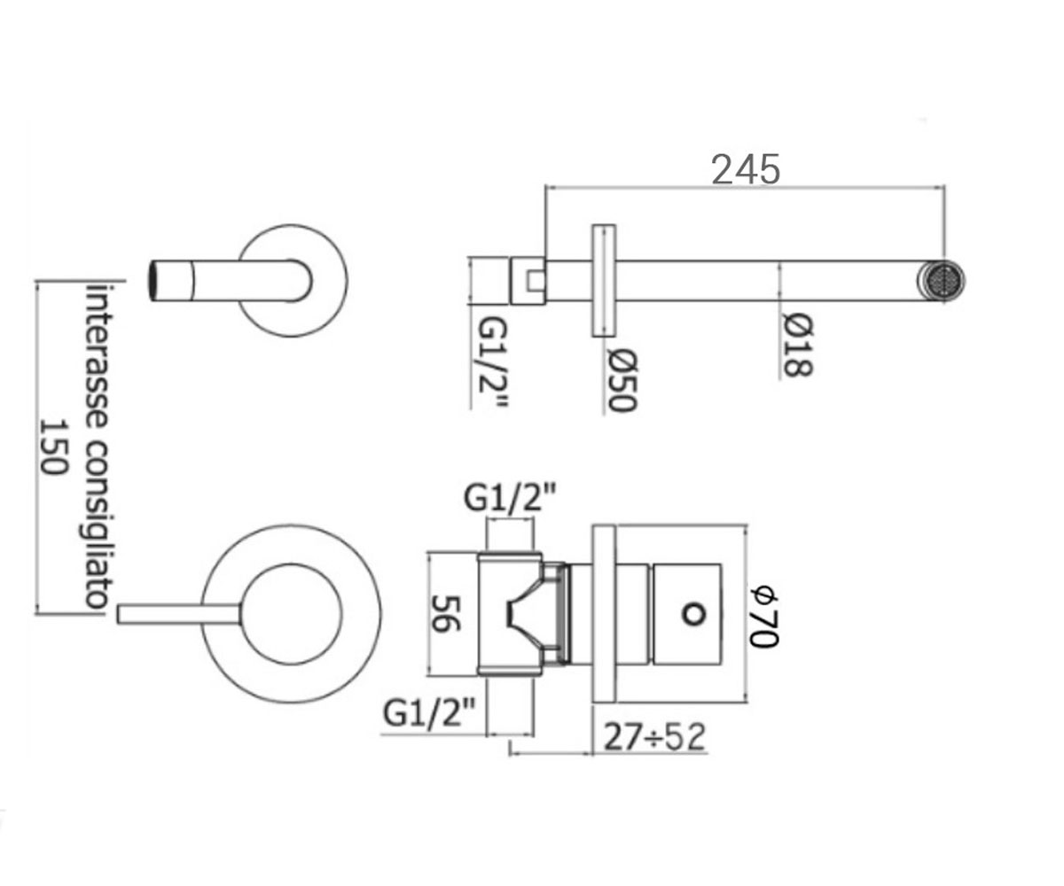 Настенный смеситель  LIGHT LIG007NO70:Чертеж 