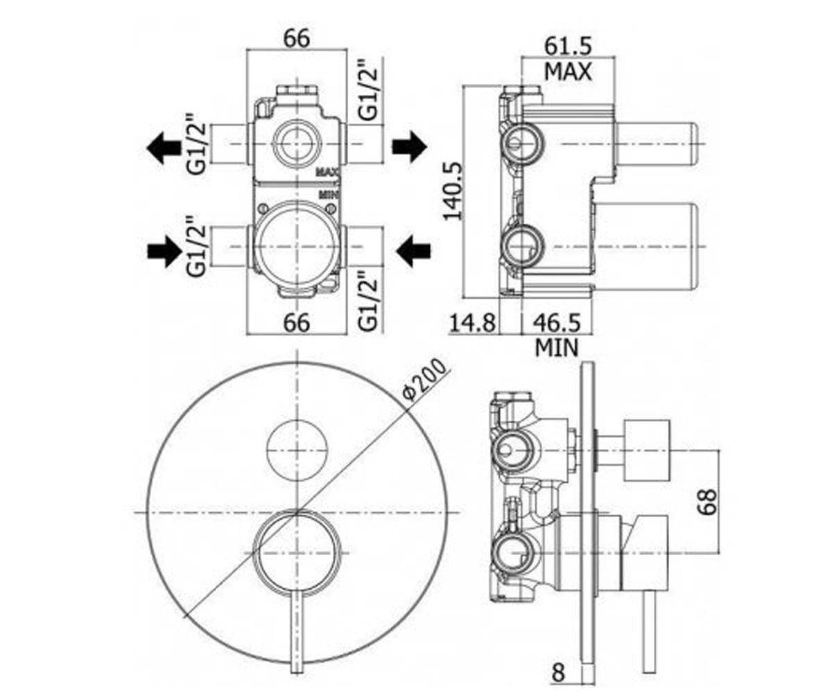 LIG 018 NO Light змішувач для душу прихованого монтажу, чорний мат. (1 сорт)  LIGHT LIG 018 NO:Чертеж 