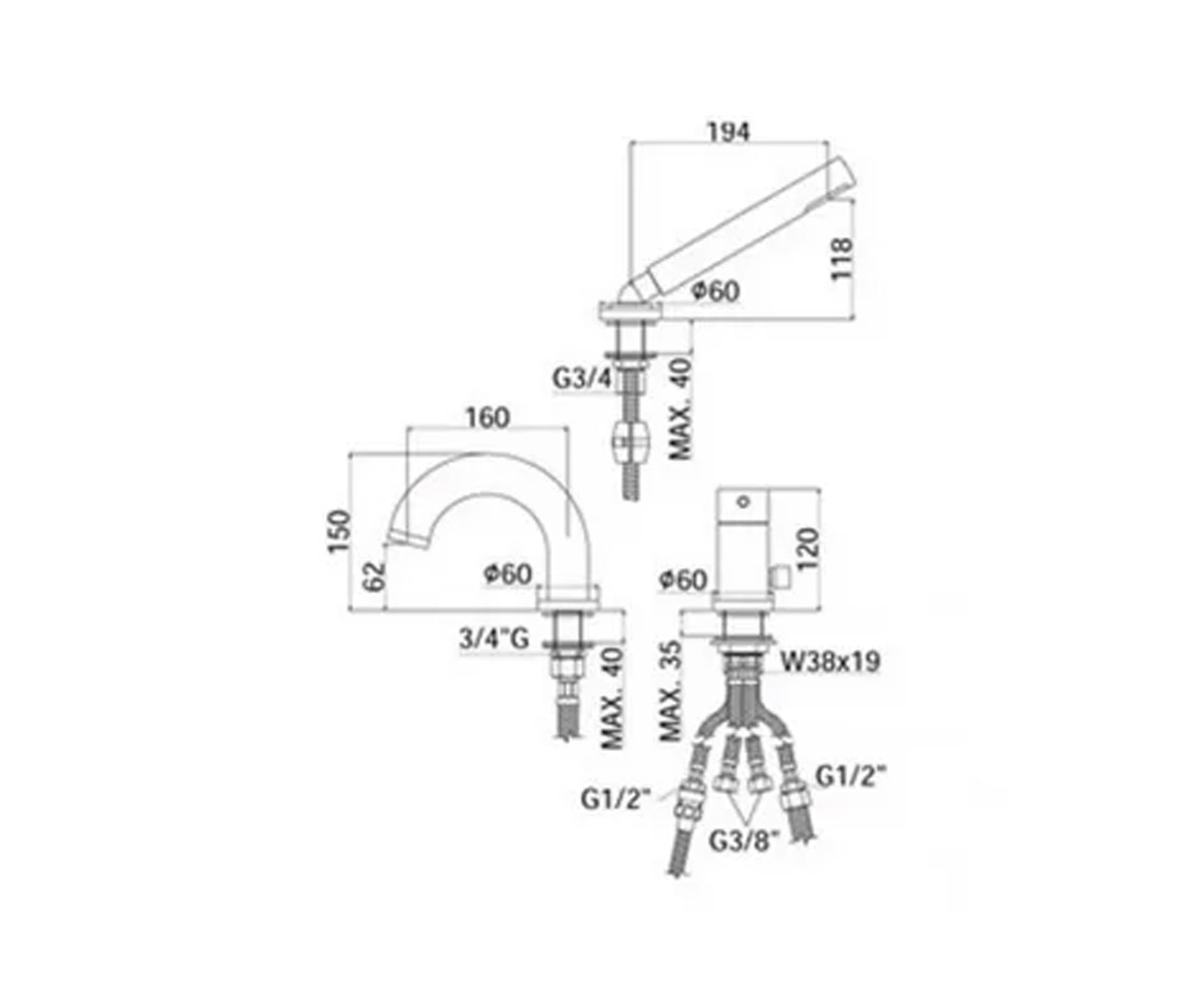 Смеситель для ванны  LIGHT LIG040LCR:Чертеж 