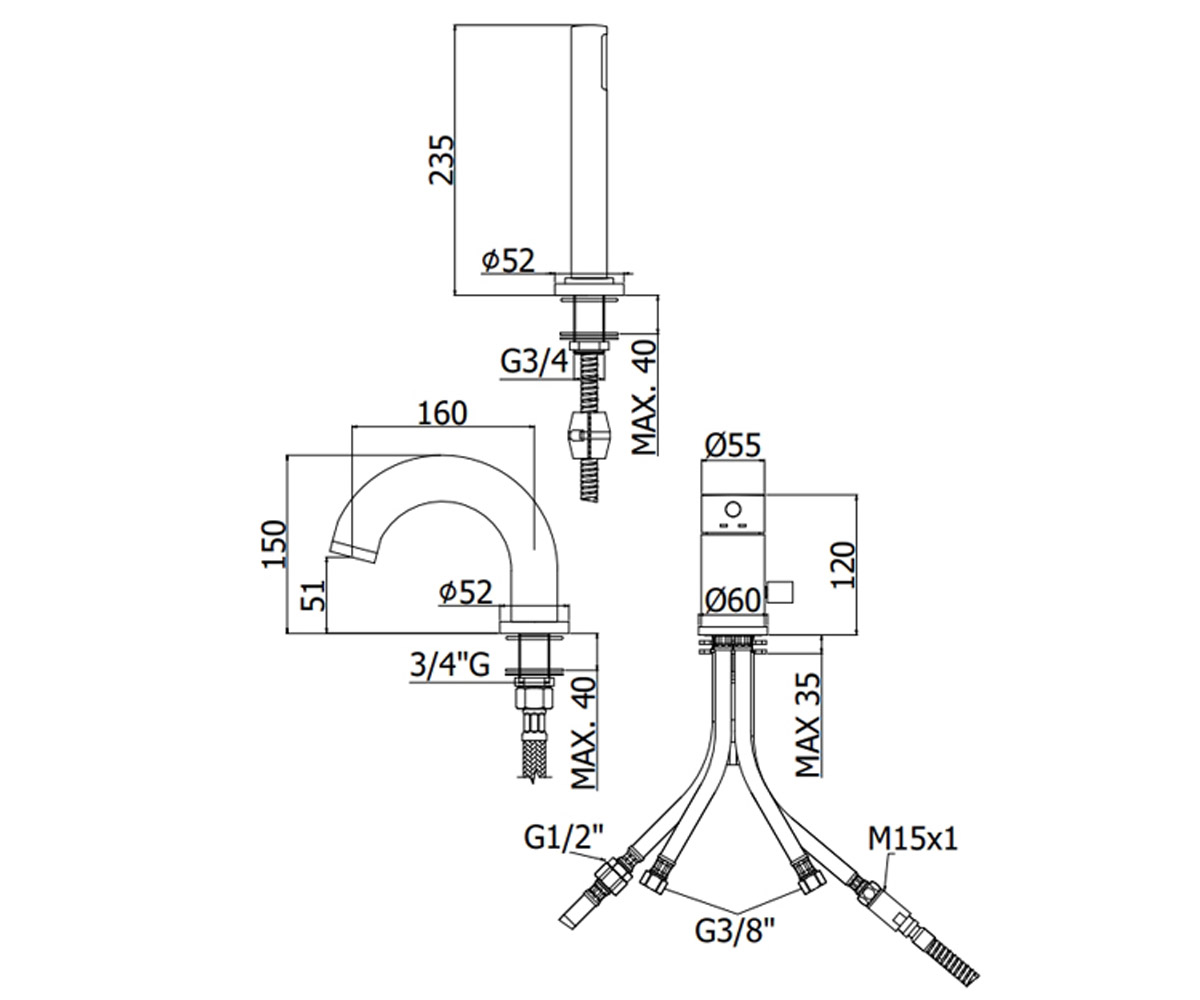 Смеситель на 3 отверстия  LIGHT LIG047NO:Чертеж 