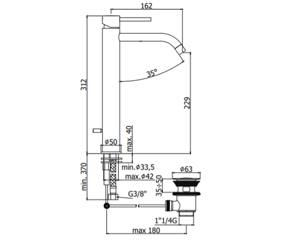 Высокий смеситель с д/к  LIGHT LIG085NO:Чертеж 