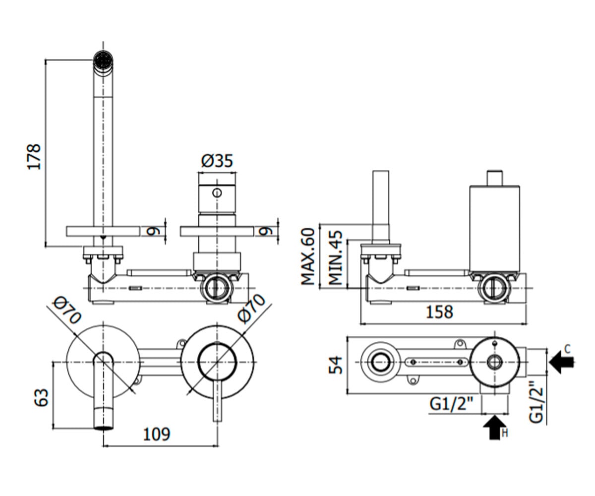 Смеситель настенный  LIGHT LIG105NO70:Чертеж 